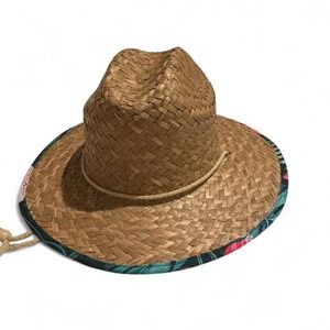 Unbranded Straw Lifeguard Hat Unisex Brown Tropical Floral Excellent Wide Brim